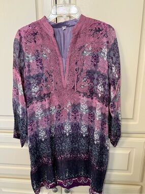 Women's Pink & Purple Embroidered 3/4 sleeves high neck Tunic Top - Size L